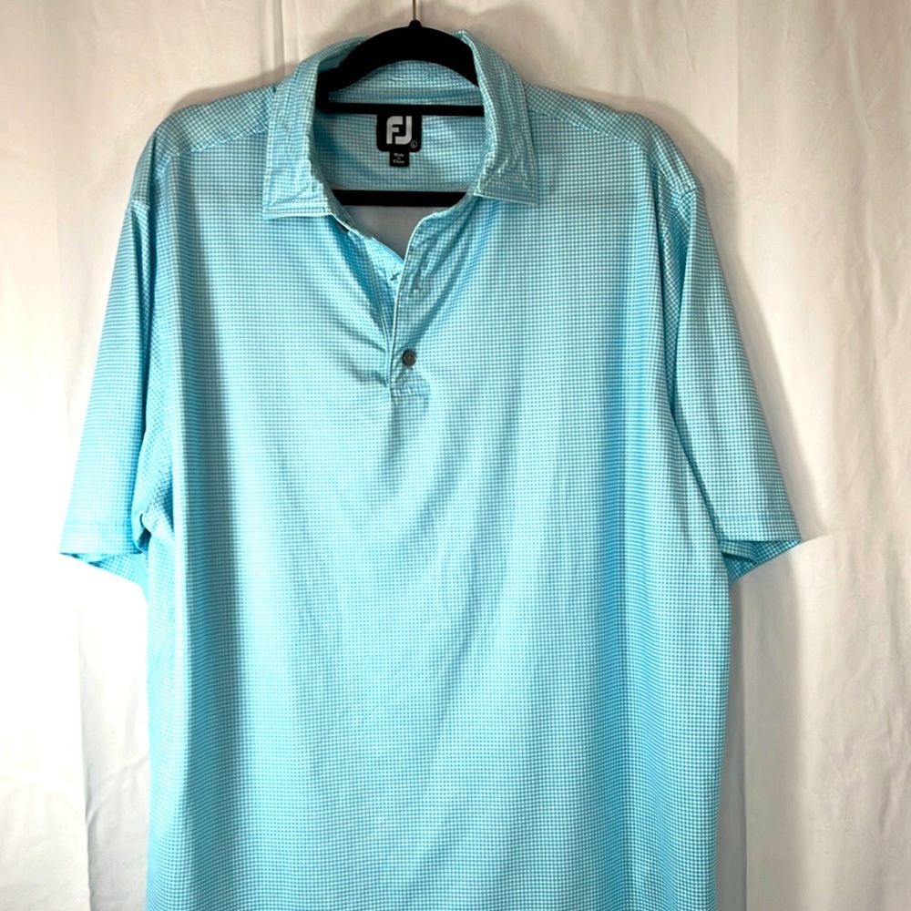 FOOTJOY Blue White Checked Polo Men's Performance Short Sleeve Spandex Size L
